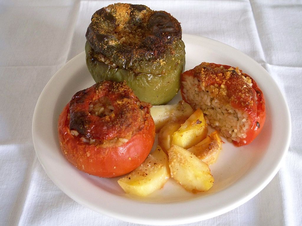 Authentic Cretan Food Gemista- Greek vegetables stuffed with rise- Cretan gastronomy restaurant's specialty